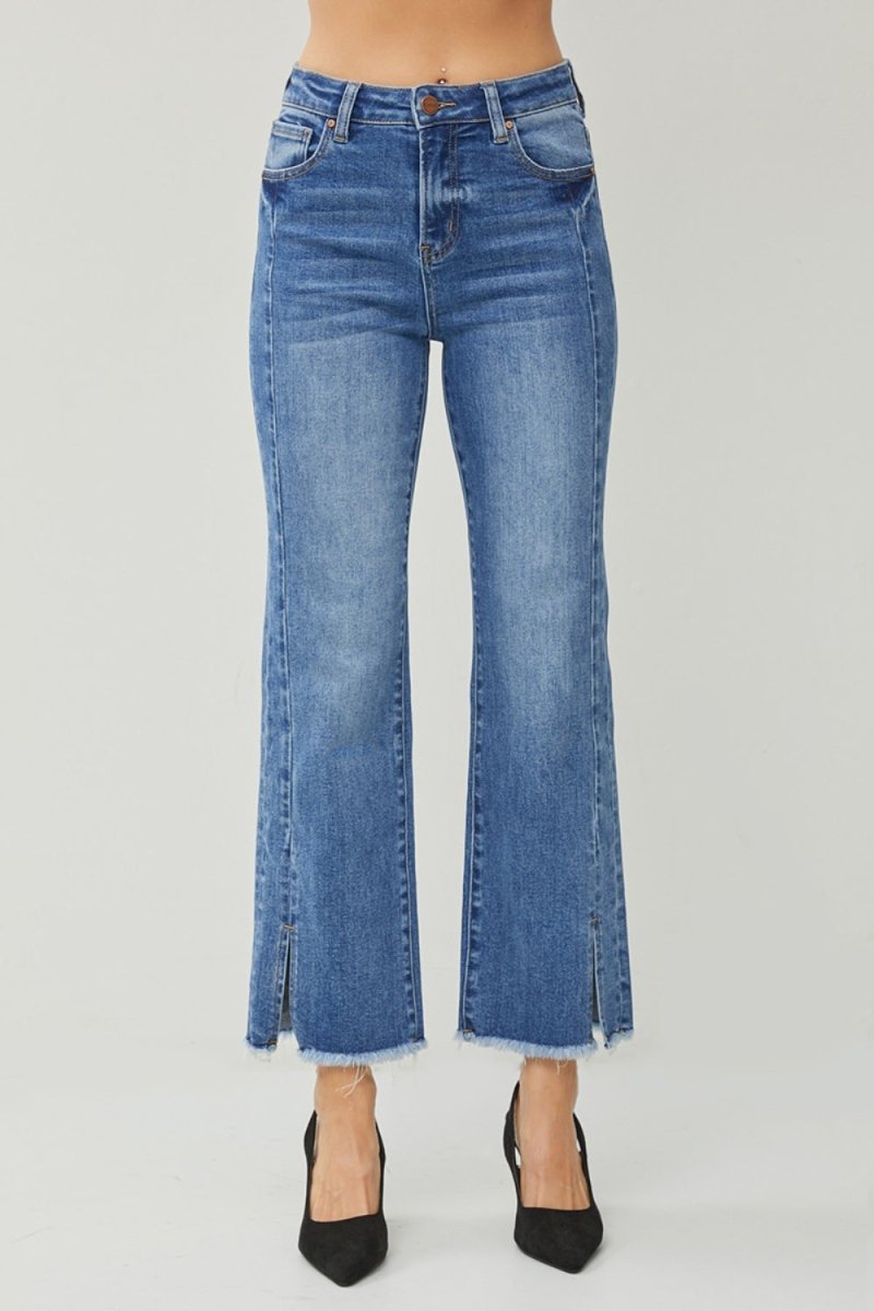 RISEN High Waist Raw Hem Slit Straight Jeans for Women - Love Salve
